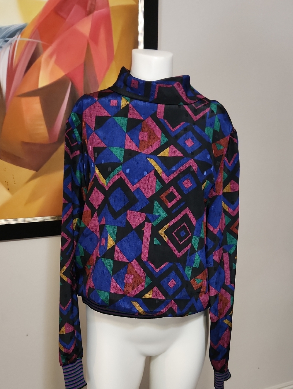 Russ Multicolor Geo Mock Neck Pullover - Blue, Pink, Green, Yellow